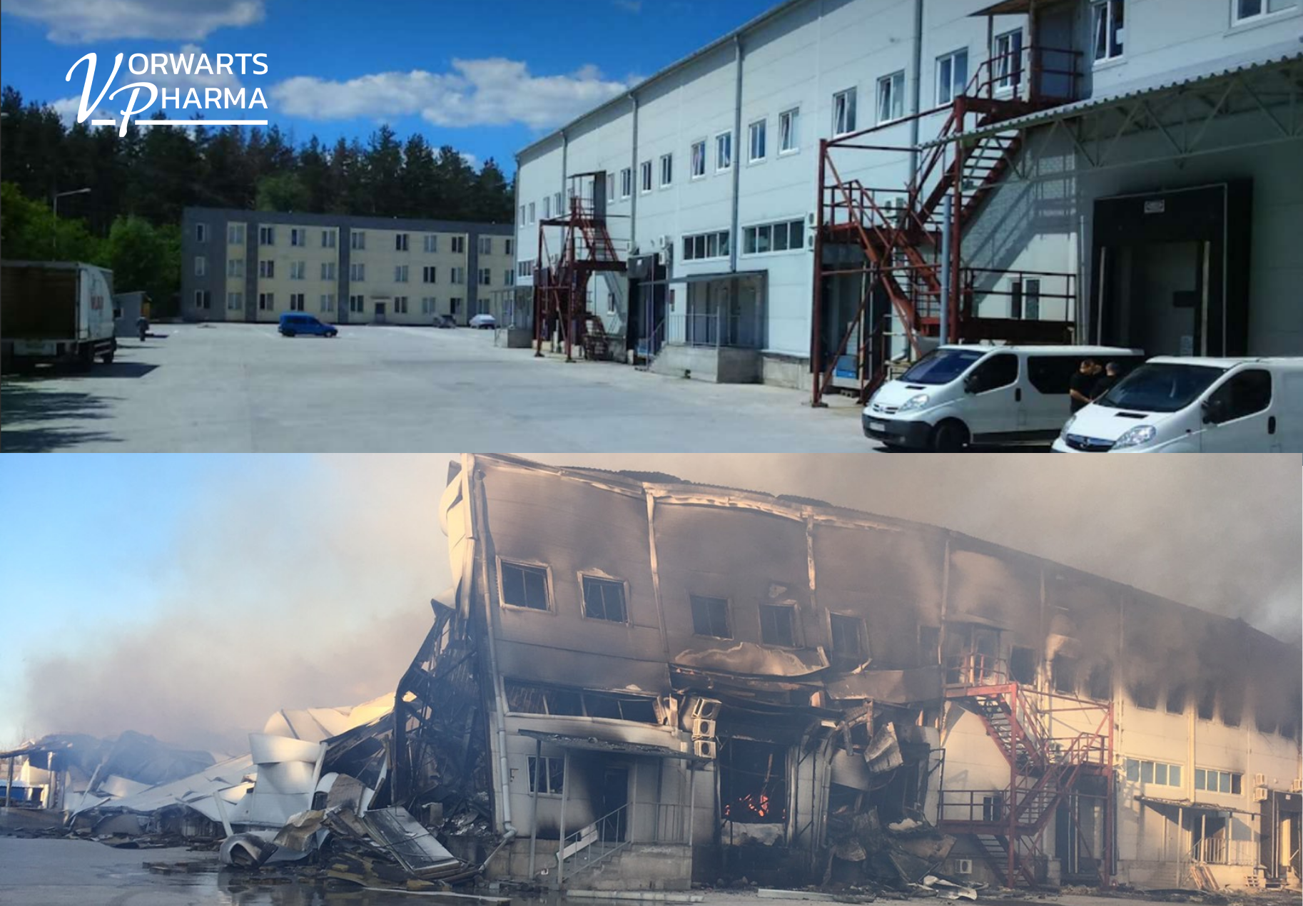 Destroyed warehouse with a year's supply of Vorwarts Pharma products