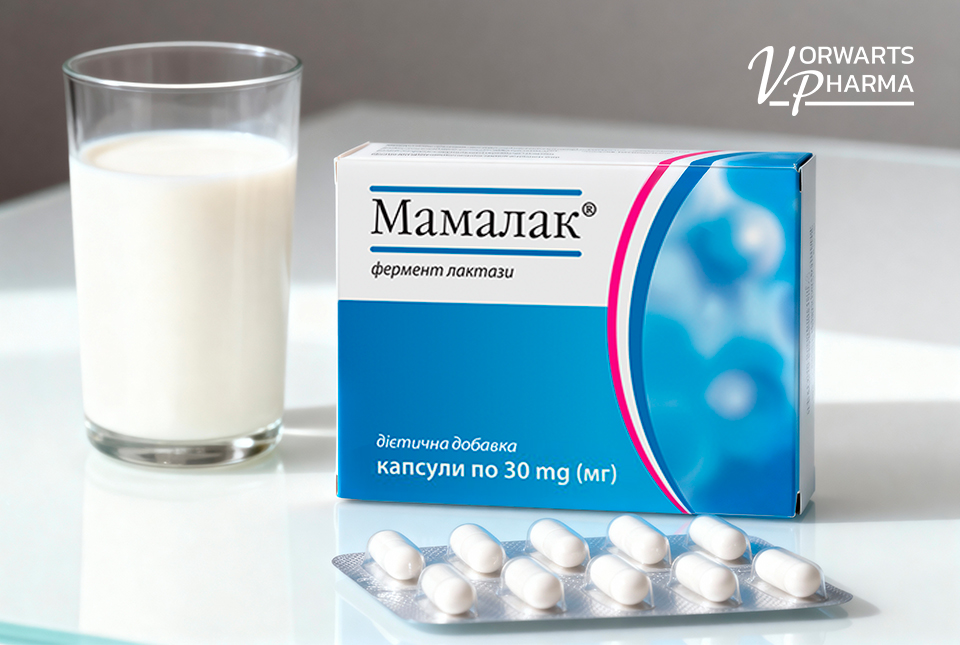 Мамалак капсулы от Vorwarts Pharma рядом со стаканом молока